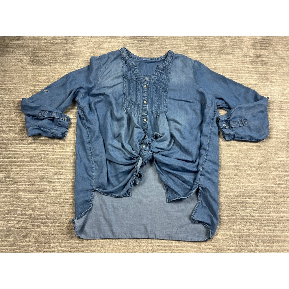 Time and Tru Denim Shirt Womens XL Blue Lyocell Front Tie Pintuck Tunic Top
